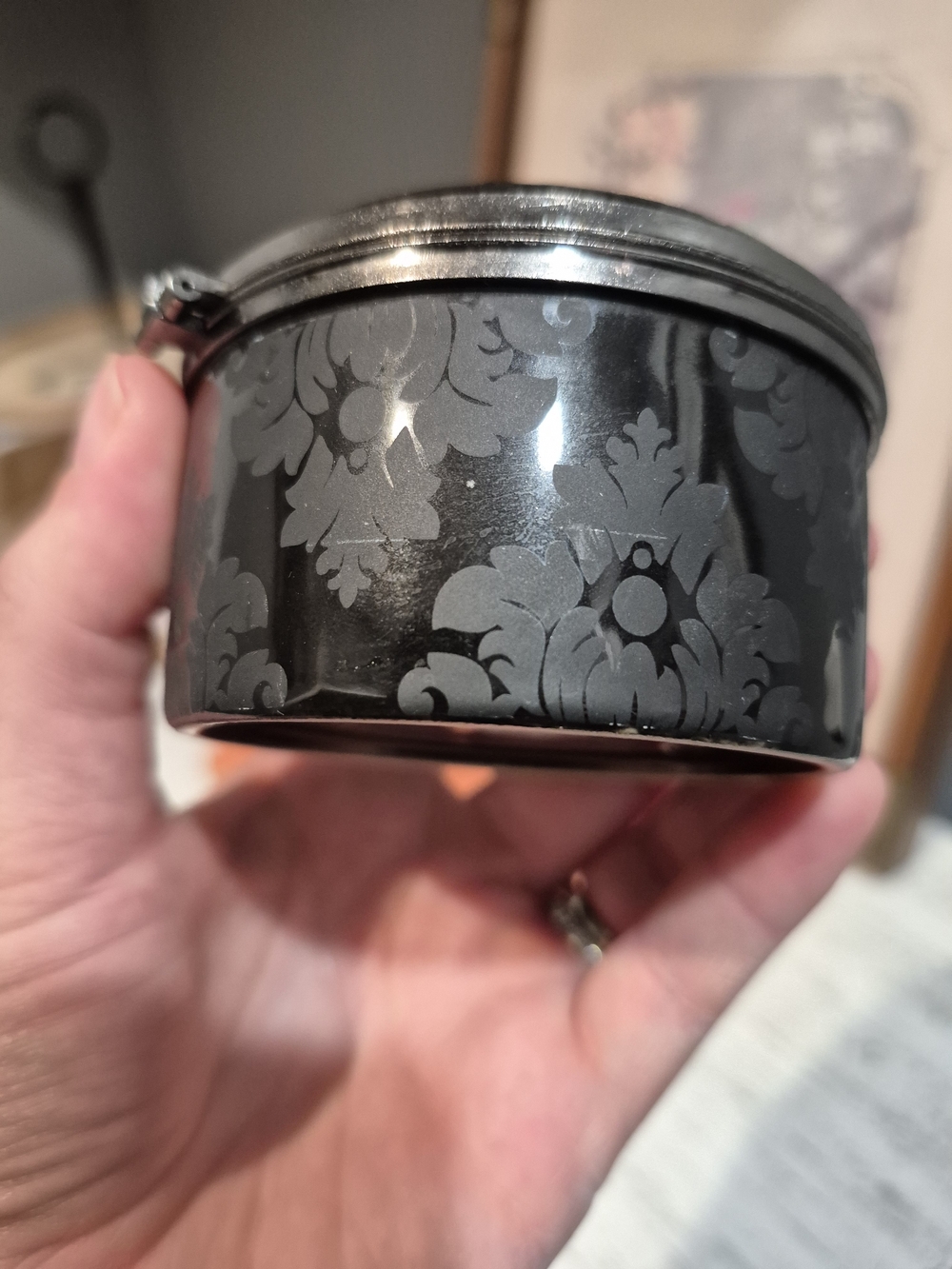 Compact Round Black Floral Jewelry Box with Mirror Metal Trinket Dish - Picture 9 of 12